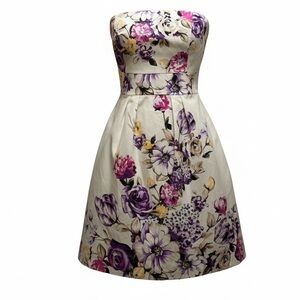White House Black Market Strapless Wedding Guest Dress with Floral Design-Size 8